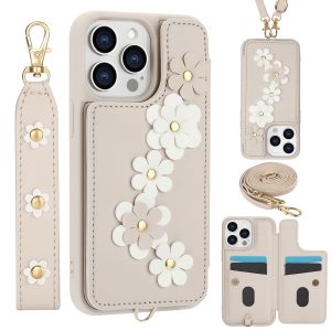 Case for iPhone 15 Pro Max Wallet Case with Card Holder & Strap - Floral Leather Design